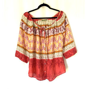 Velvet Silk Blouse Top Medium Womens Floral Boho Orange Button Up